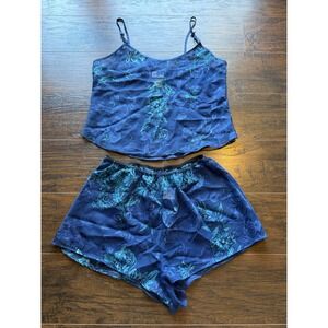 Delicates Blue Floral Satin Cami Shorts Pajama Set Women's Medium Y2K Lace 2pc